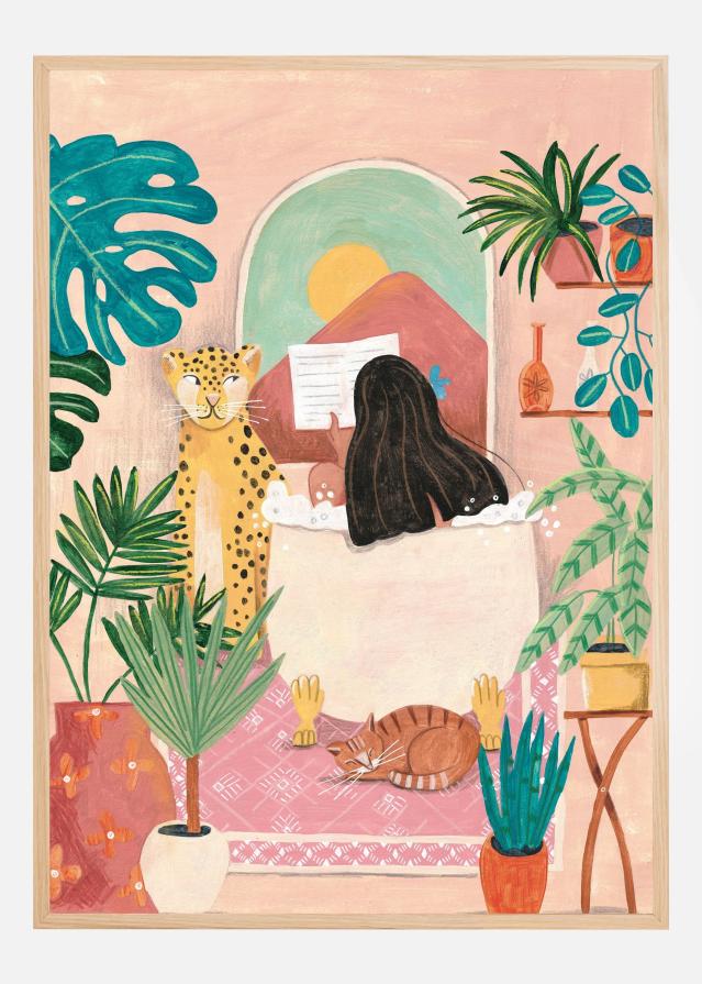 Woman taking bath in pink tropical bathroom Plakat