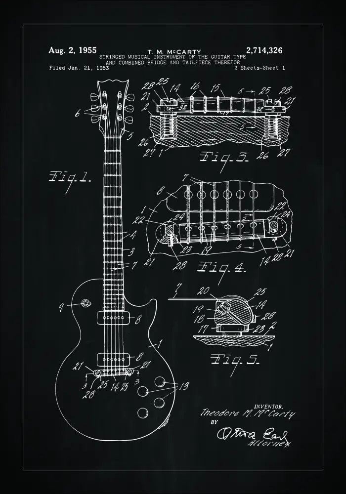Patentni crtež - Električna gitara u - Crno Plakat