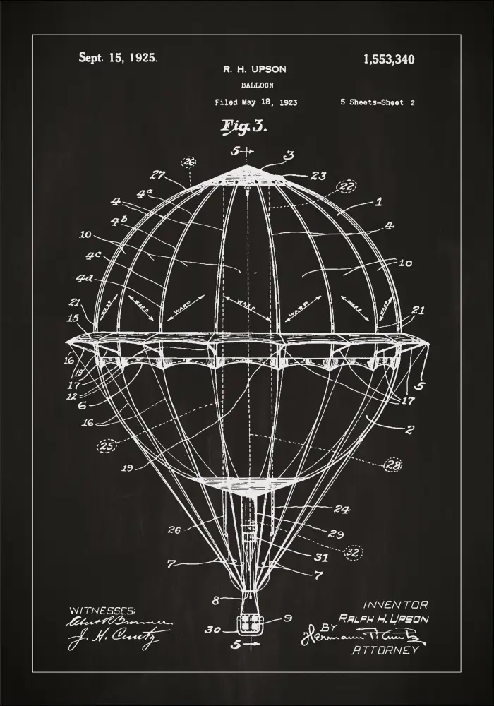 Patentni crtež - Zračni balon - Crno Plakat