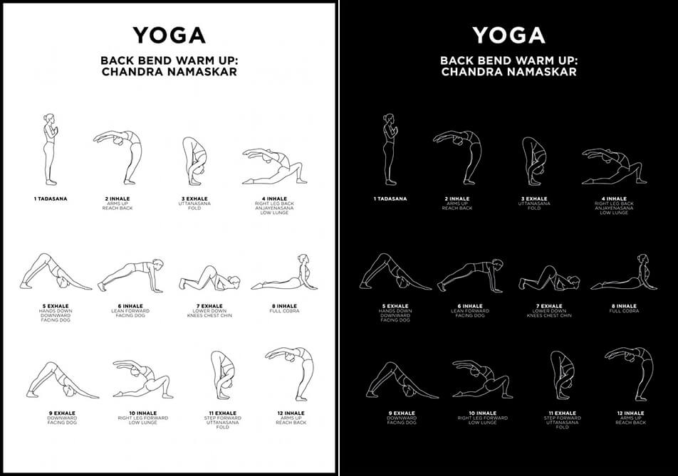 Yoga-plakat u bijeloj ili crnoj boji - Chandra Namaskar